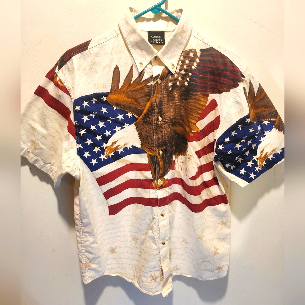 Vintage Independence Day Bald Eagle American Flag Graphic Button Down Sz Medium